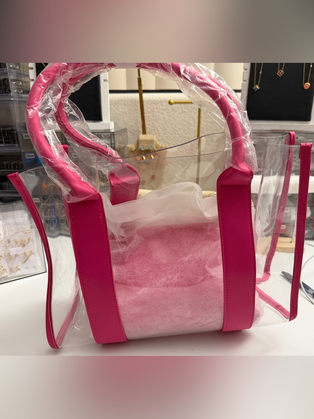Clear Tote Bag with Pink Trim and Inner Pouch - Women Bags